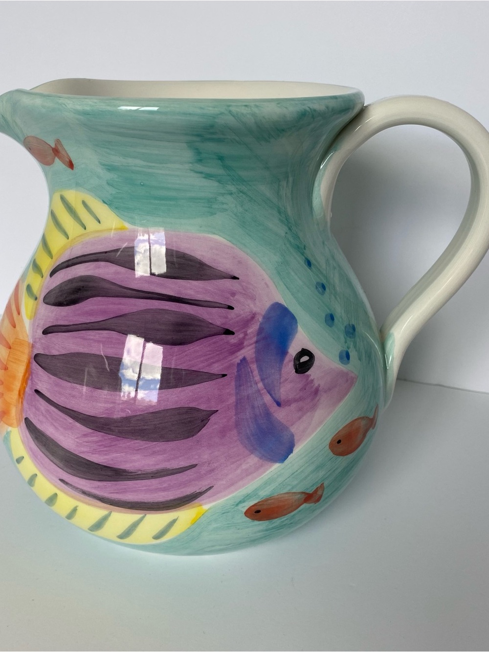 Italy Hand Painted Fish Pitcher Zrike Coastal Ceramic Capri line Goldfish Round